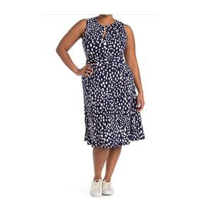 London Times Womens Blue Polka Dot Sleeveless Belted MIdi Dress Plus Sz 18W New